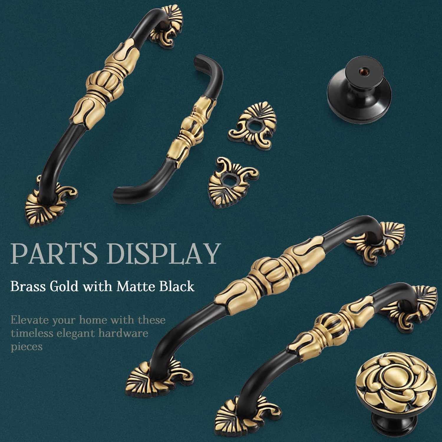 2 Pack 5'' Brass Cabinet Pulls Antique Floral Pattern Cupboard Handle Drawer Pulls Solid Brass Kitchen Hardware Matte Black Gold Handles for Cabinet Drawer Wardrobe (5” Hole Center, Black)