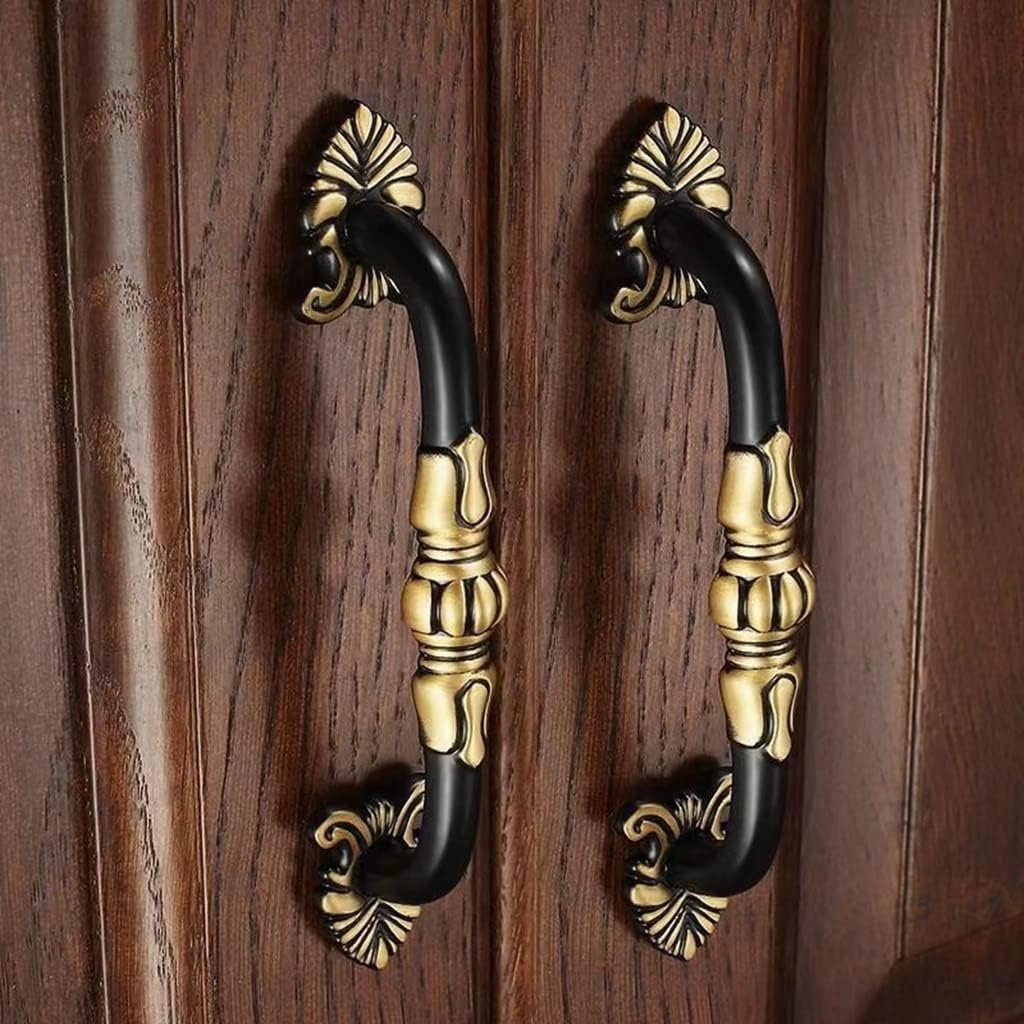 2 Pack 5'' Brass Cabinet Pulls Antique Floral Pattern Cupboard Handle Drawer Pulls Solid Brass Kitchen Hardware Matte Black Gold Handles for Cabinet Drawer Wardrobe (5” Hole Center, Black)