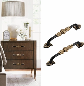 2 Pack 5'' Brass Cabinet Pulls Antique Floral Pattern Cupboard Handle Drawer Pulls Solid Brass Kitchen Hardware Matte Black Gold Handles for Cabinet Drawer Wardrobe (5” Hole Center, Black)