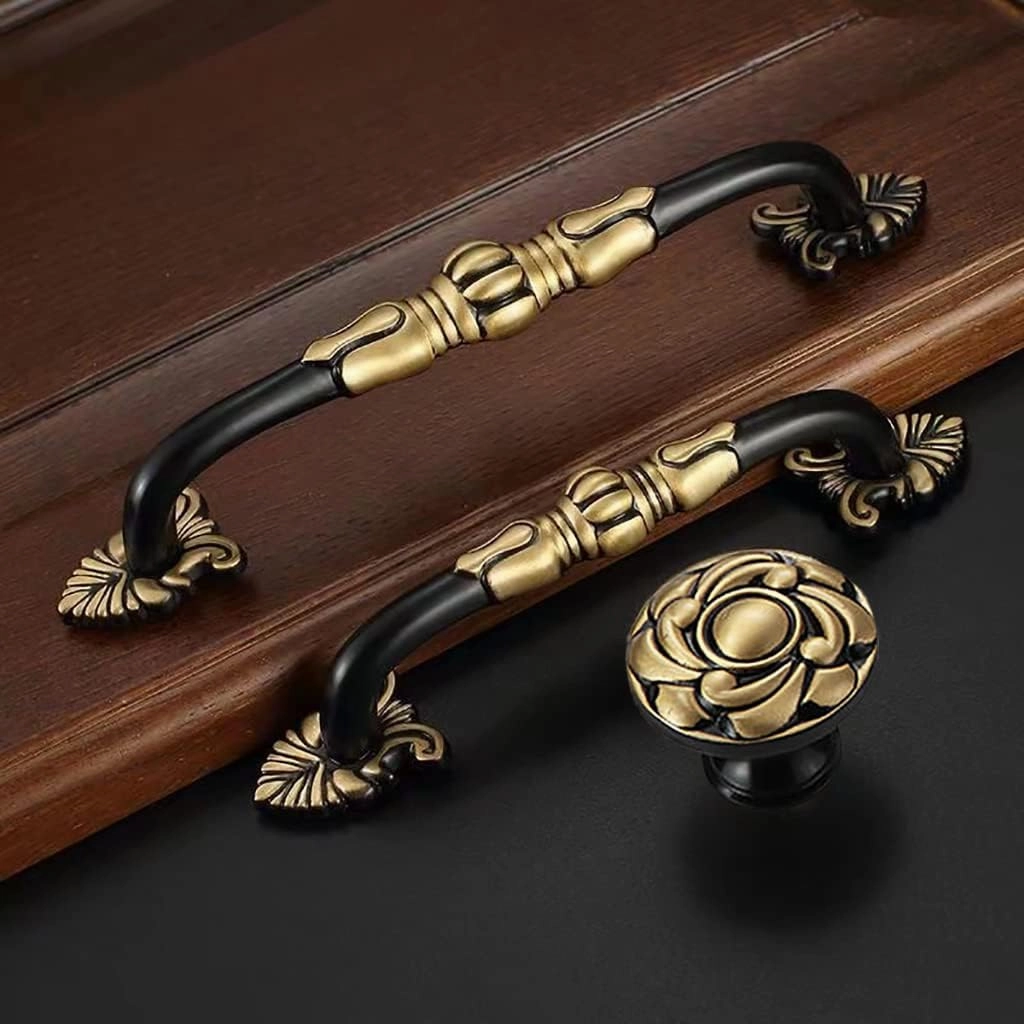 2 Pack 5'' Brass Cabinet Pulls Antique Floral Pattern Cupboard Handle Drawer Pulls Solid Brass Kitchen Hardware Matte Black Gold Handles for Cabinet Drawer Wardrobe (5” Hole Center, Black)