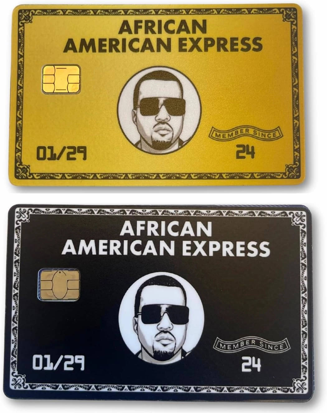 2 Pack African American Express Credit Card Skin with Chip in Black/Gold - Credit Card Sticker for use as a Credit Card Skin & Debit Card Skin, Kanye, Funny, Anime, Decal (Black/Gold)