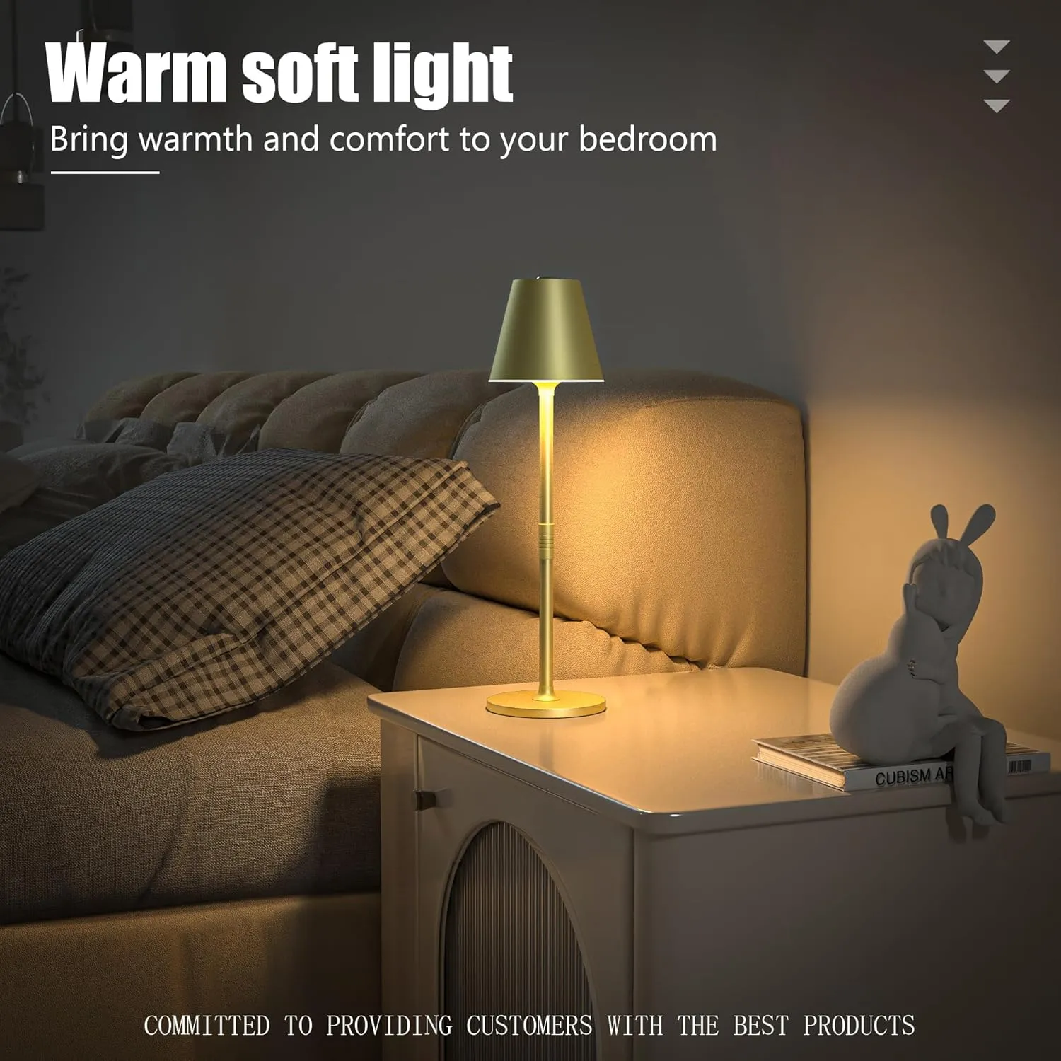 2Pack LED CordlessTable Lamp,4000mAh Rechargeable Battery Desk lamp,3 Level Brightness Night Light, Simple Design, for Couple Dinner/Coffee Table/Restaurant/Bedroom(Champagne Gold 2Pack)