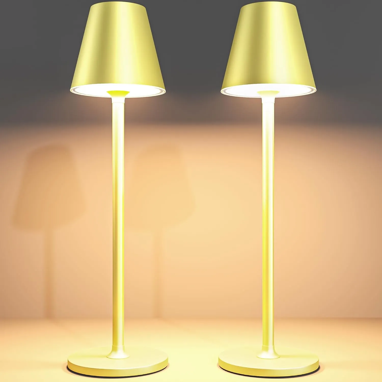 2Pack LED CordlessTable Lamp,4000mAh Rechargeable Battery Desk lamp,3 Level Brightness Night Light, Simple Design, for Couple Dinner/Coffee Table/Restaurant/Bedroom(Champagne Gold 2Pack)