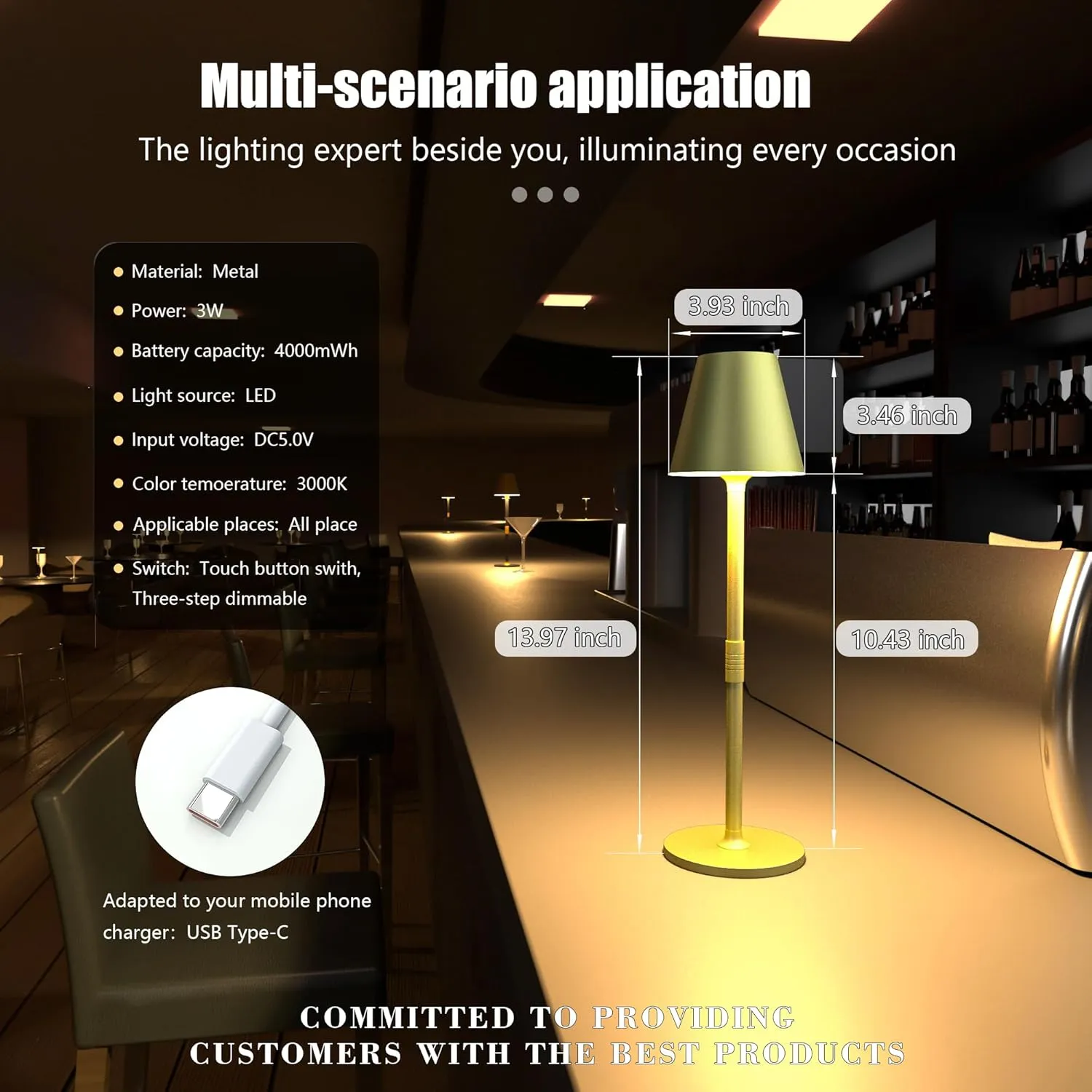 2Pack LED CordlessTable Lamp,4000mAh Rechargeable Battery Desk lamp,3 Level Brightness Night Light, Simple Design, for Couple Dinner/Coffee Table/Restaurant/Bedroom(Champagne Gold 2Pack)