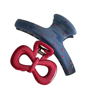 2Pcs Vintage Bow Hair Claw Clip – Blue Polka Dot & Red Satin Bow, Large Statement Korean-Style Hair Accessory for Women – Non‑Slip Summer 2025 Claw Clip