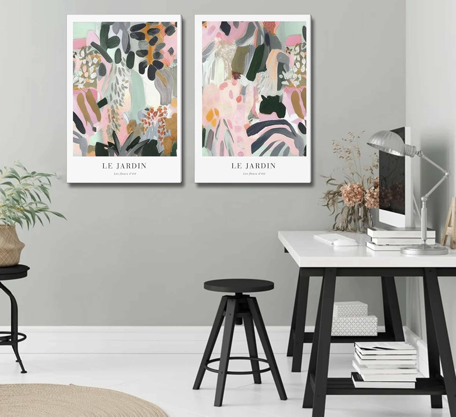 2Pcs Henri Matisse Canvas Wall art Modern Abstract Pink Green Floral Plants Painting Pictures Wall Decor Maximalist Colourful Flower Poster Print Artwork for Living room Bedroom Girls Room