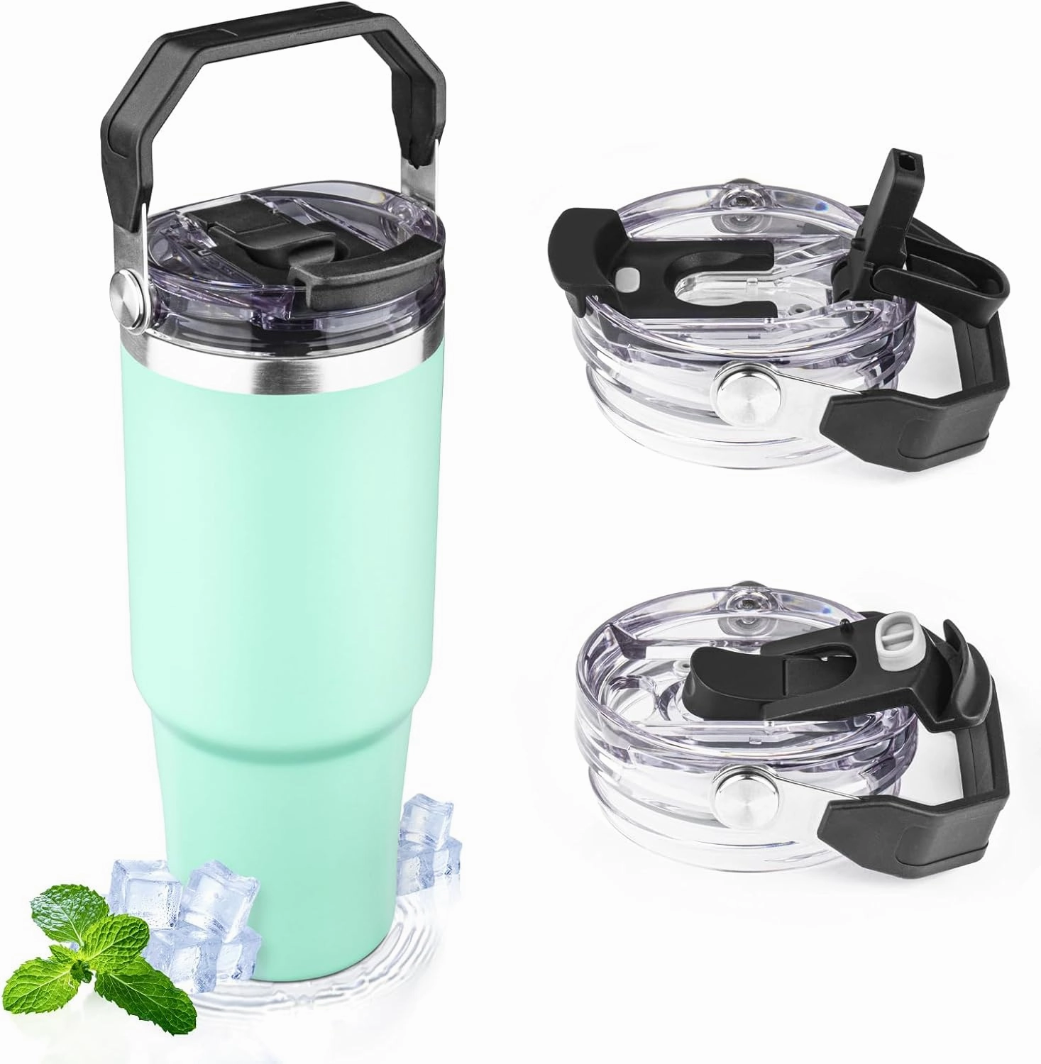 30oz Tumbler with Handle and Flip Straw Lid Double Wall Insulated Travel Coffee Mug Stainless Steel Vacuum Insulated Coffee Tumbler Cup for Hot and Cold Beverages,Leak-proof&BPA-free (30oz,Matte mint)