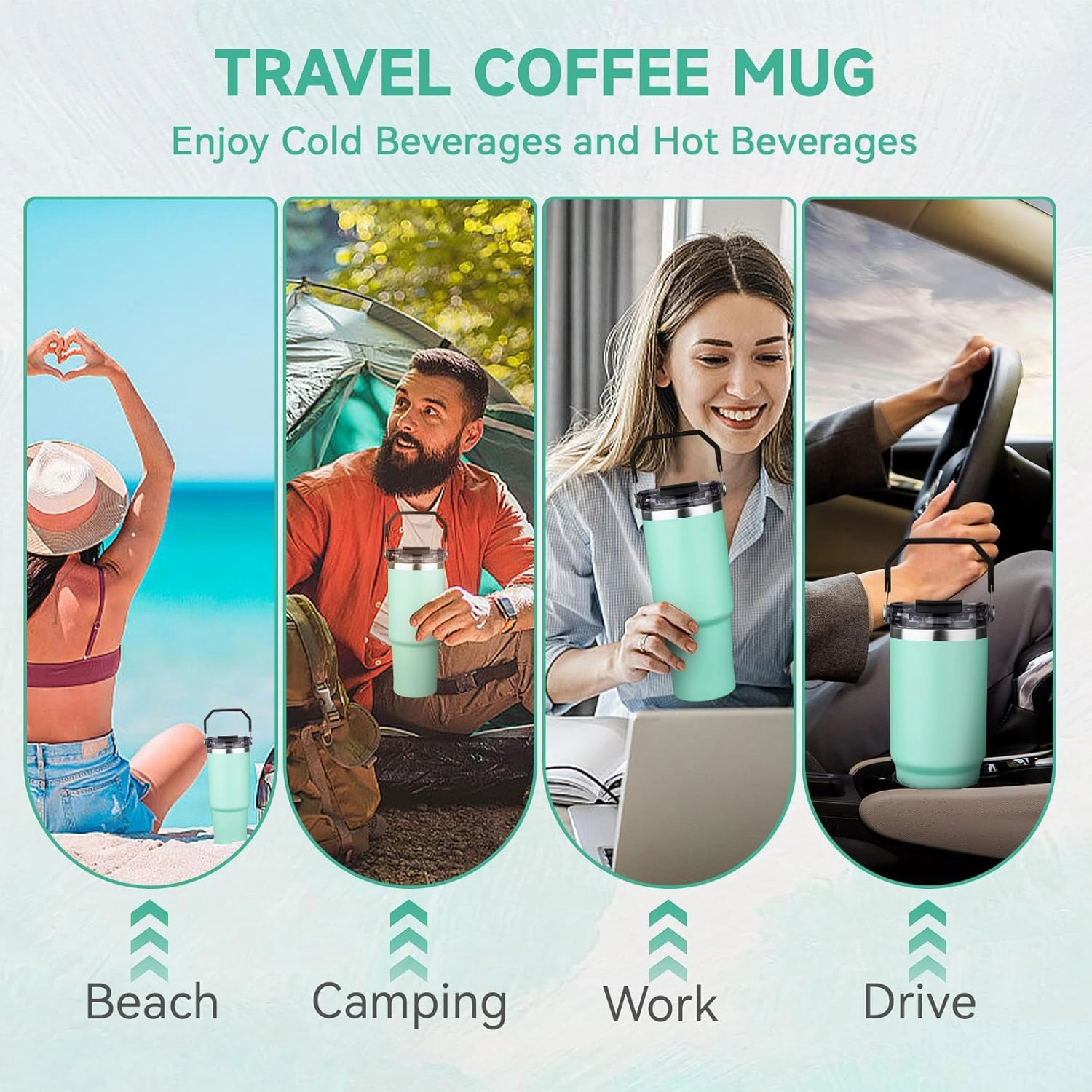 30oz Tumbler with Handle and Flip Straw Lid Double Wall Insulated Travel Coffee Mug Stainless Steel Vacuum Insulated Coffee Tumbler Cup for Hot and Cold Beverages,Leak-proof&BPA-free (30oz,Matte mint)