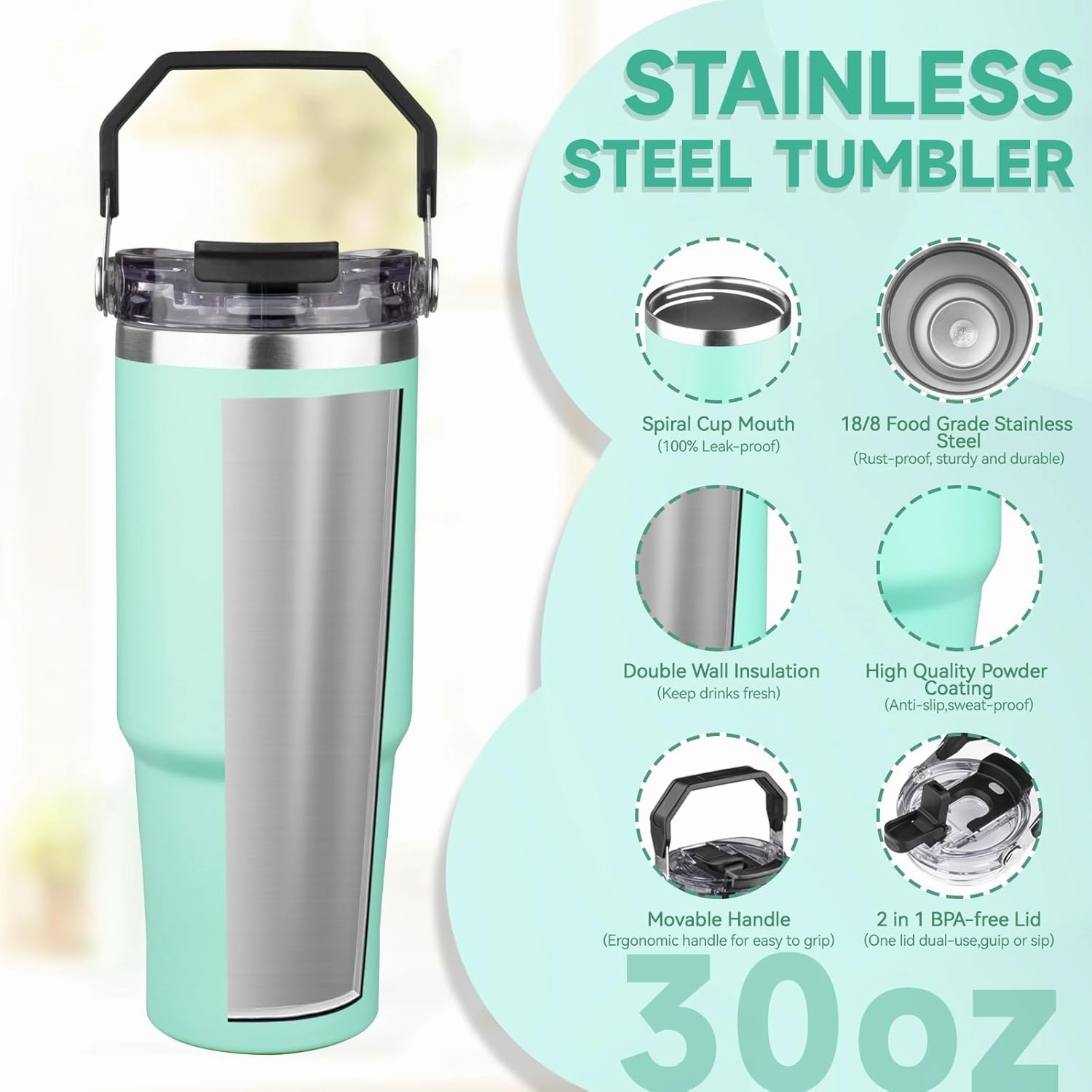 30oz Tumbler with Handle and Flip Straw Lid Double Wall Insulated Travel Coffee Mug Stainless Steel Vacuum Insulated Coffee Tumbler Cup for Hot and Cold Beverages,Leak-proof&BPA-free (30oz,Matte mint)