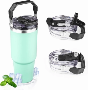 30oz Tumbler with Handle and Flip Straw Lid Double Wall Insulated Travel Coffee Mug Stainless Steel Vacuum Insulated Coffee Tumbler Cup for Hot and Cold Beverages,Leak-proof&BPA-free (30oz,Matte mint)