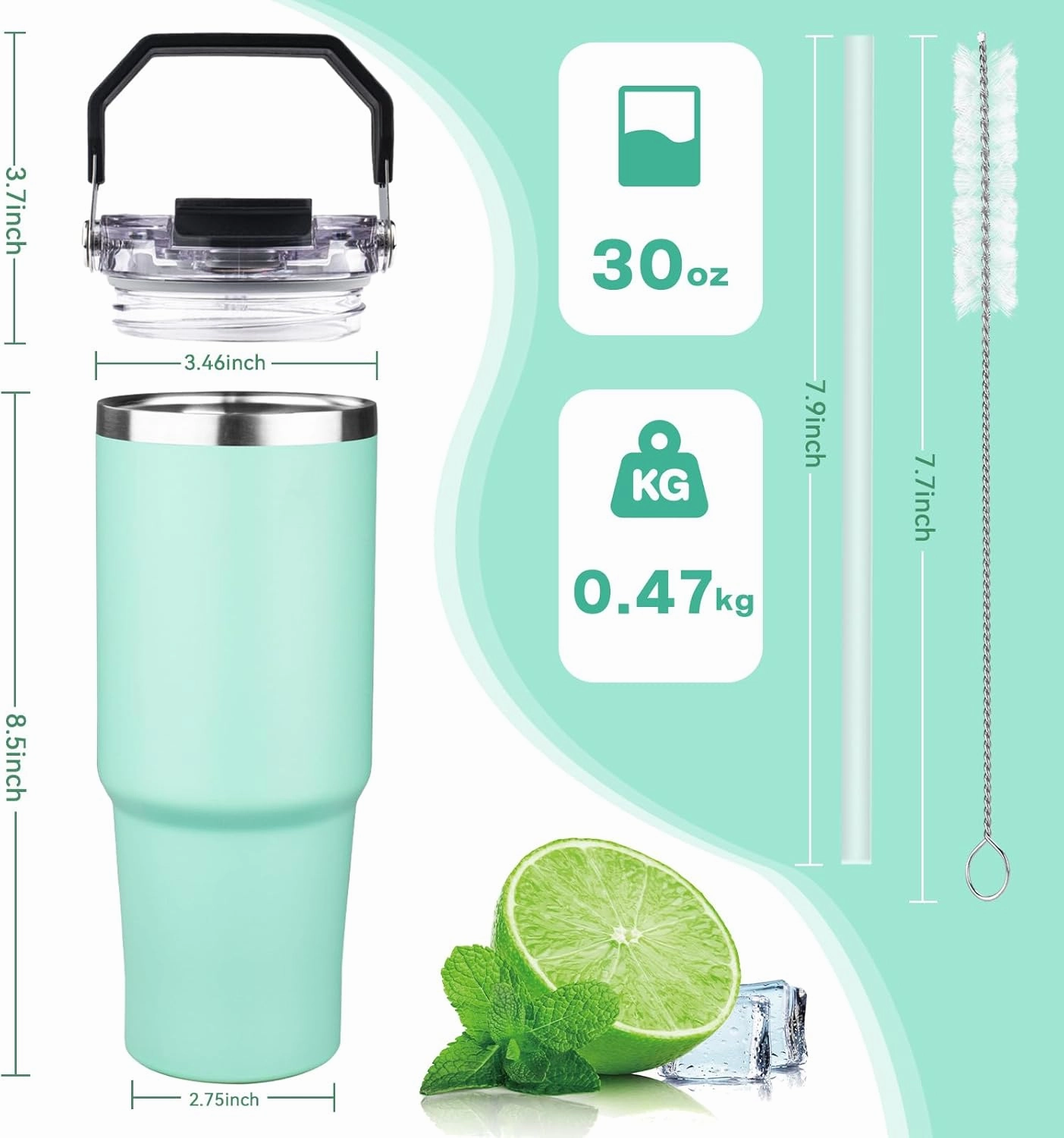 30oz Tumbler with Handle and Flip Straw Lid Double Wall Insulated Travel Coffee Mug Stainless Steel Vacuum Insulated Coffee Tumbler Cup for Hot and Cold Beverages,Leak-proof&BPA-free (30oz,Matte mint)