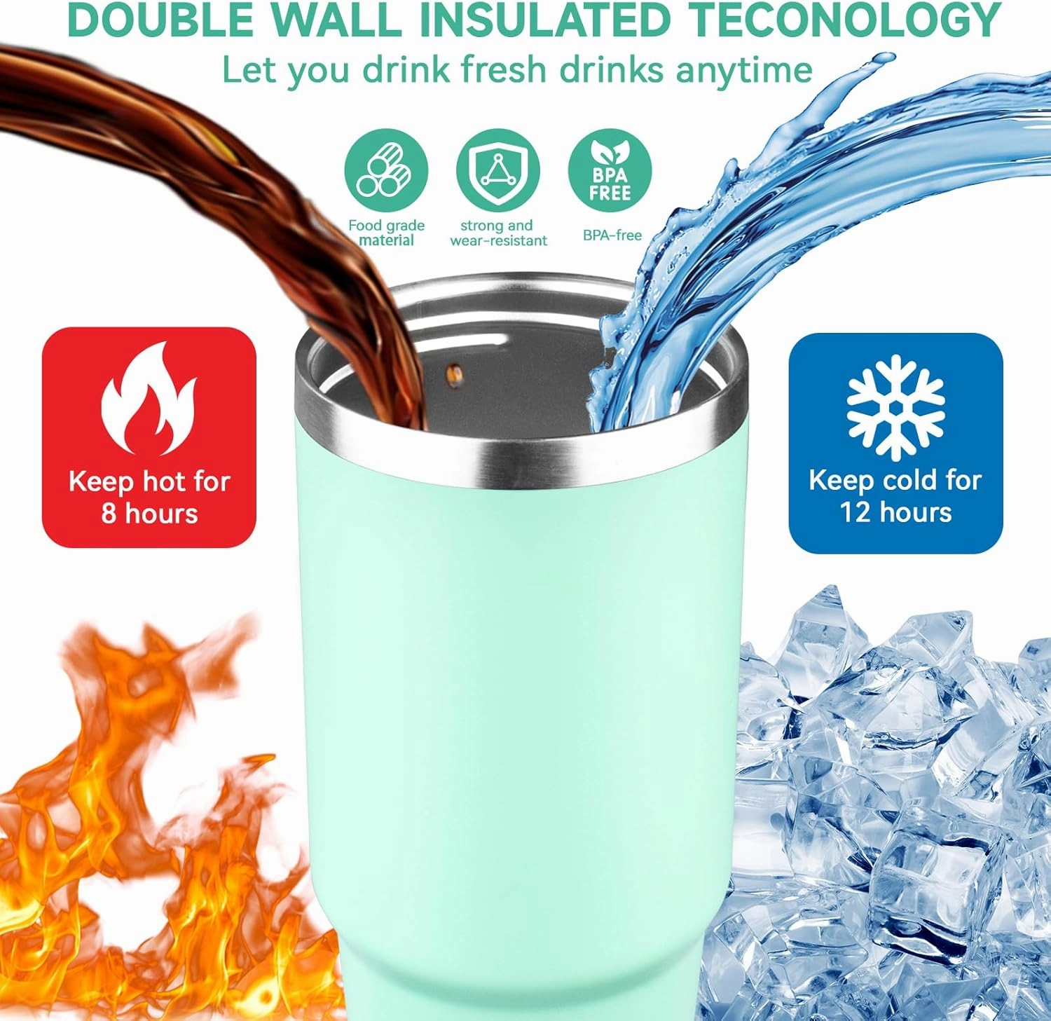 30oz Tumbler with Handle and Flip Straw Lid Double Wall Insulated Travel Coffee Mug Stainless Steel Vacuum Insulated Coffee Tumbler Cup for Hot and Cold Beverages,Leak-proof&BPA-free (30oz,Matte mint)
