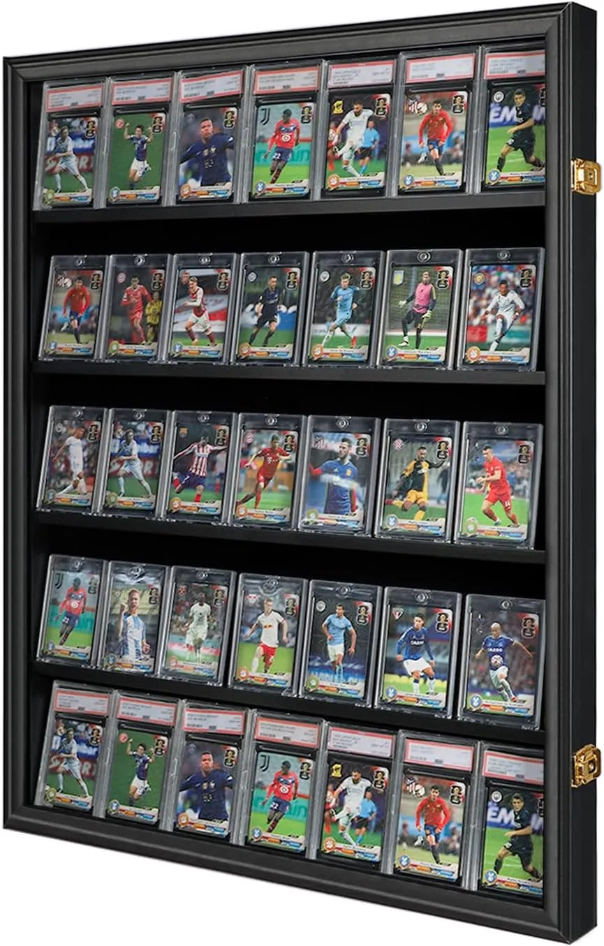 35 Graded Sports Card Display Case - Baseball Card Display Frame with UV Protection Clear View Lockable Wall Cabinet for Basketball Collectible Trading Card Black Finish