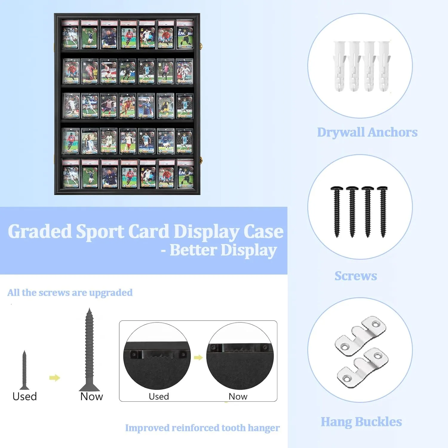 35 Graded Sports Card Display Case - Baseball Card Display Frame with UV Protection Clear View Lockable Wall Cabinet for Basketball Collectible Trading Card Black Finish