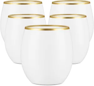 40 count Unbreakable Stemless Plastic Wine Champagne Whiskey Glasses Elegant Durable Disposable Indoor Outdoor Ideal for Home, Office, Bars, Wedding, 12 Ounce Cups Gold Rim (White Matte Gold)