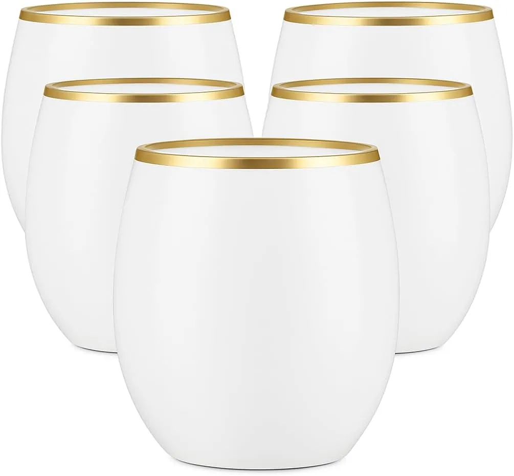 40 count Unbreakable Stemless Plastic Wine Champagne Whiskey Glasses Elegant Durable Disposable Indoor Outdoor Ideal for Home, Office, Bars, Wedding, 12 Ounce Cups Gold Rim (White Matte Gold)