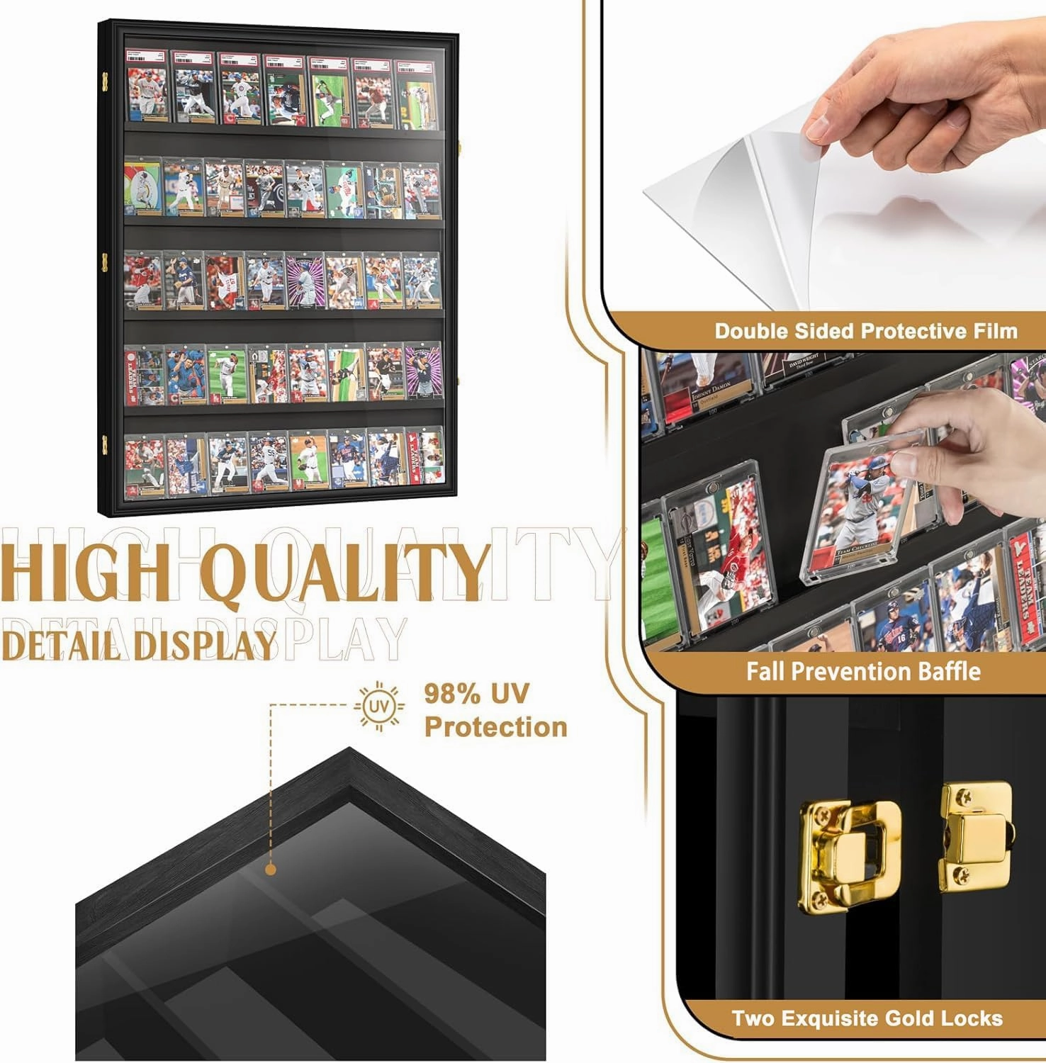 40 Large Baseball Card Display Case Graded Sports Card Display Frame Trading Cards Wooden Wall Cabinet with UV Protection Acrylic Front for Football Basketball Hockey Cards Collection