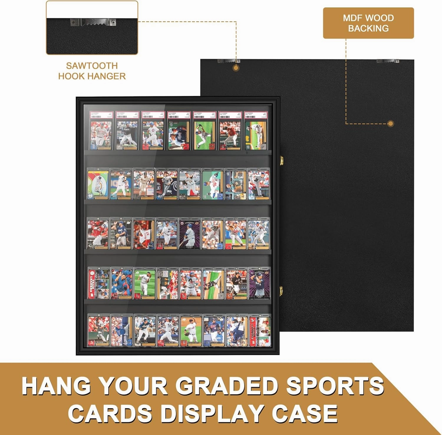 40 Large Baseball Card Display Case Graded Sports Card Display Frame Trading Cards Wooden Wall Cabinet with UV Protection Acrylic Front for Football Basketball Hockey Cards Collection