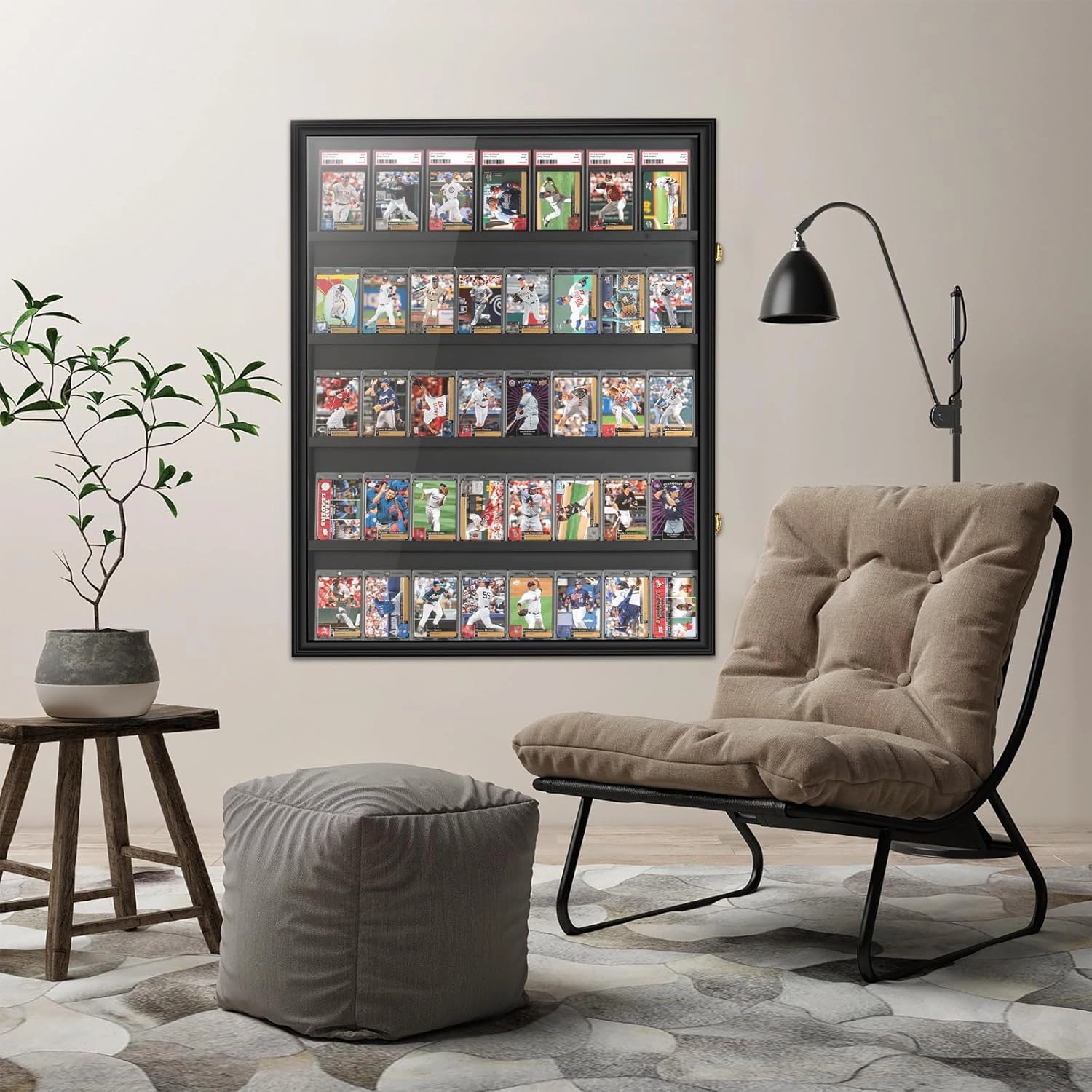 40 Large Baseball Card Display Case Graded Sports Card Display Frame Trading Cards Wooden Wall Cabinet with UV Protection Acrylic Front for Football Basketball Hockey Cards Collection