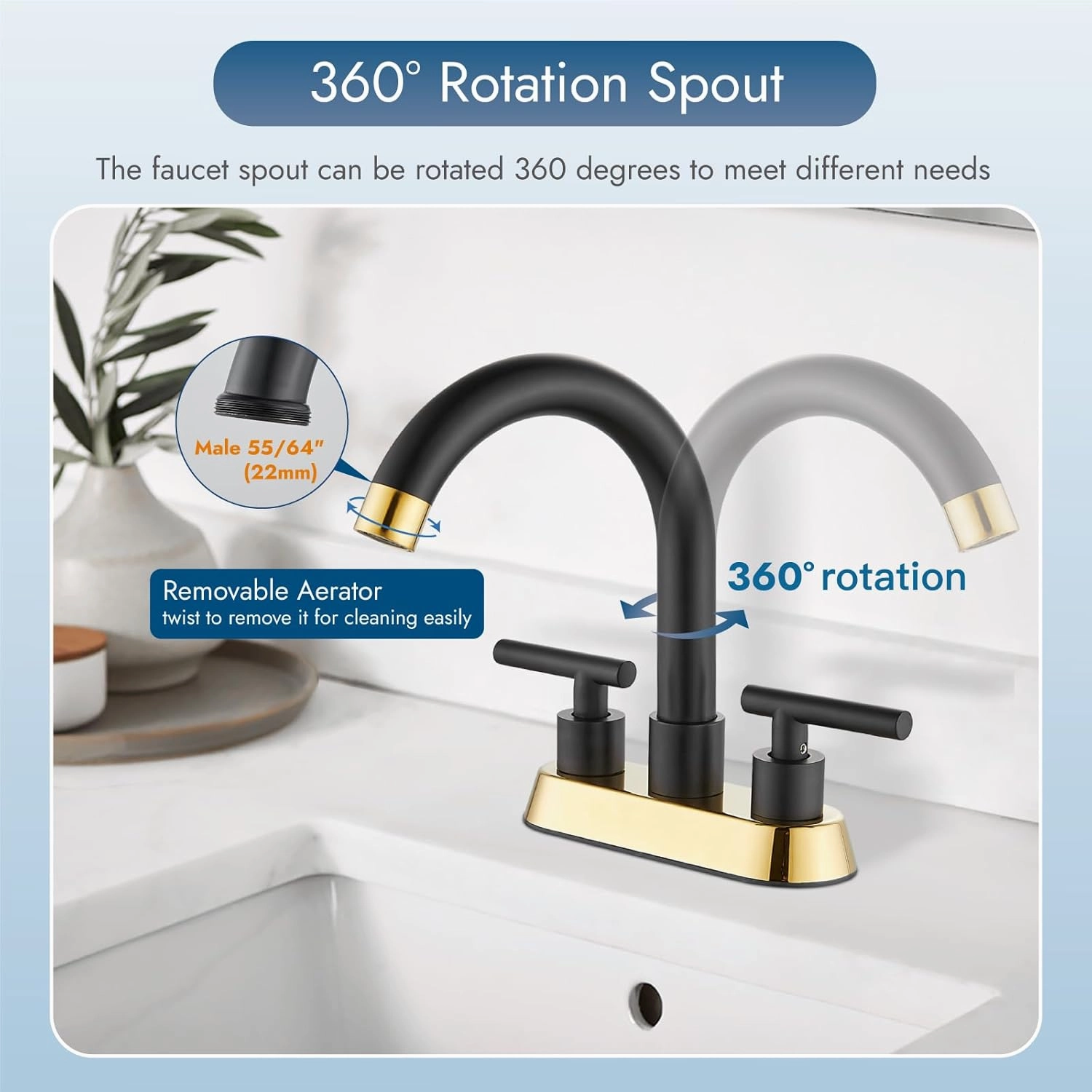 4 Inch Centerset Bathroom Sink Faucet Double Handles Bathroom Vanity Faucets 360 Degree Swivel Spout Deck Mount Mixer Tap with Pop-up Drain,Matte Black and Polish Gold
