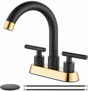 4 Inch Centerset Bathroom Sink Faucet Double Handles Bathroom Vanity Faucets 360 Degree Swivel Spout Deck Mount Mixer Tap with Pop-up Drain,Matte Black and Polish Gold