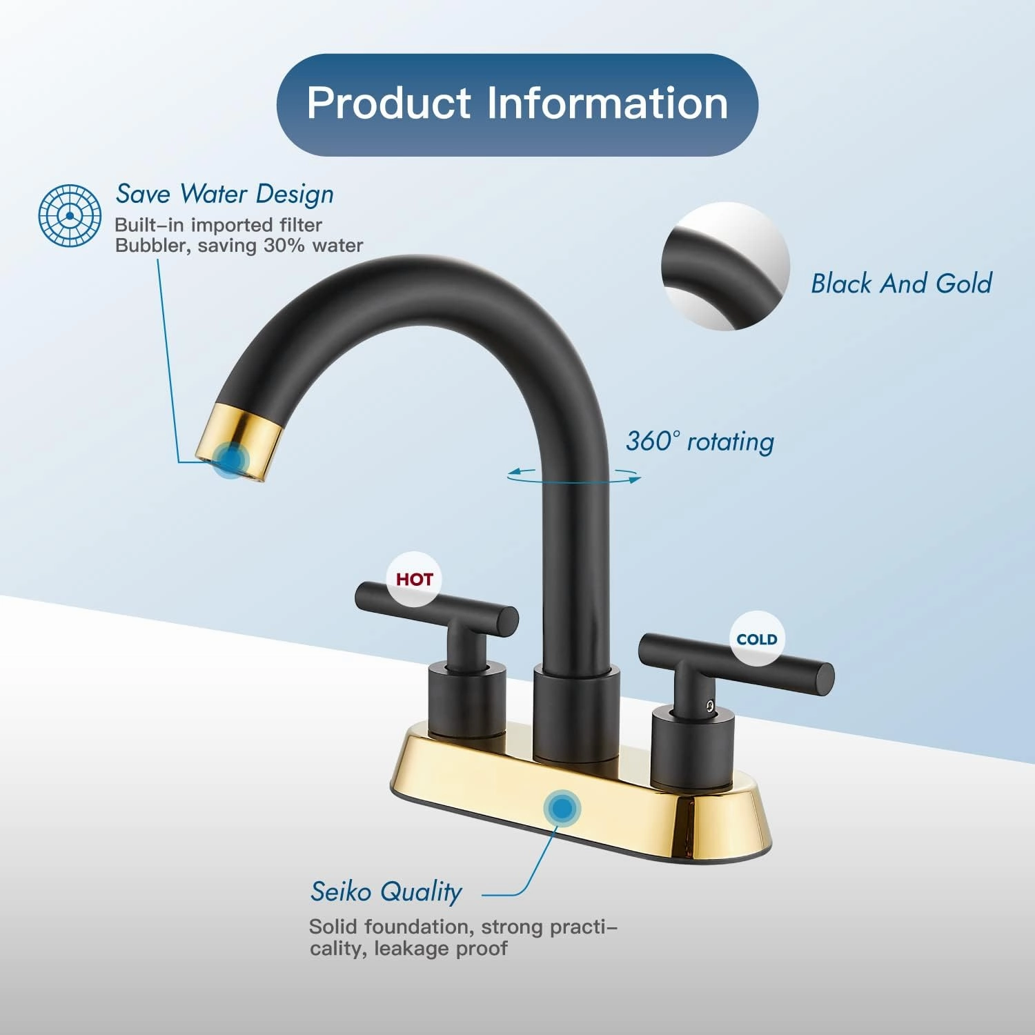 4 Inch Centerset Bathroom Sink Faucet Double Handles Bathroom Vanity Faucets 360 Degree Swivel Spout Deck Mount Mixer Tap with Pop-up Drain,Matte Black and Polish Gold