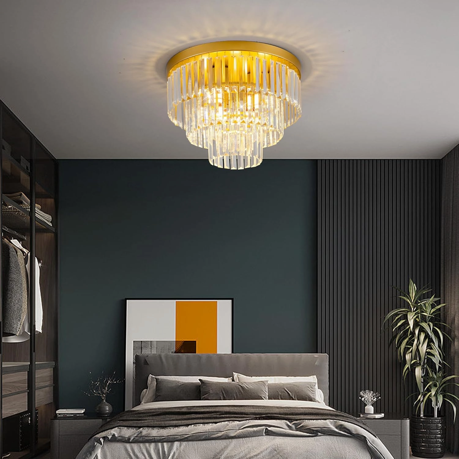 4-Light Gold Crystal Ceiling Light 17" Semi-Flush Modern Luxury Crystal Ceiling Light 3-Tier Flush Mount K9 Light Fixture for Dining Room Living Room Kitchen Entryway Bedroom