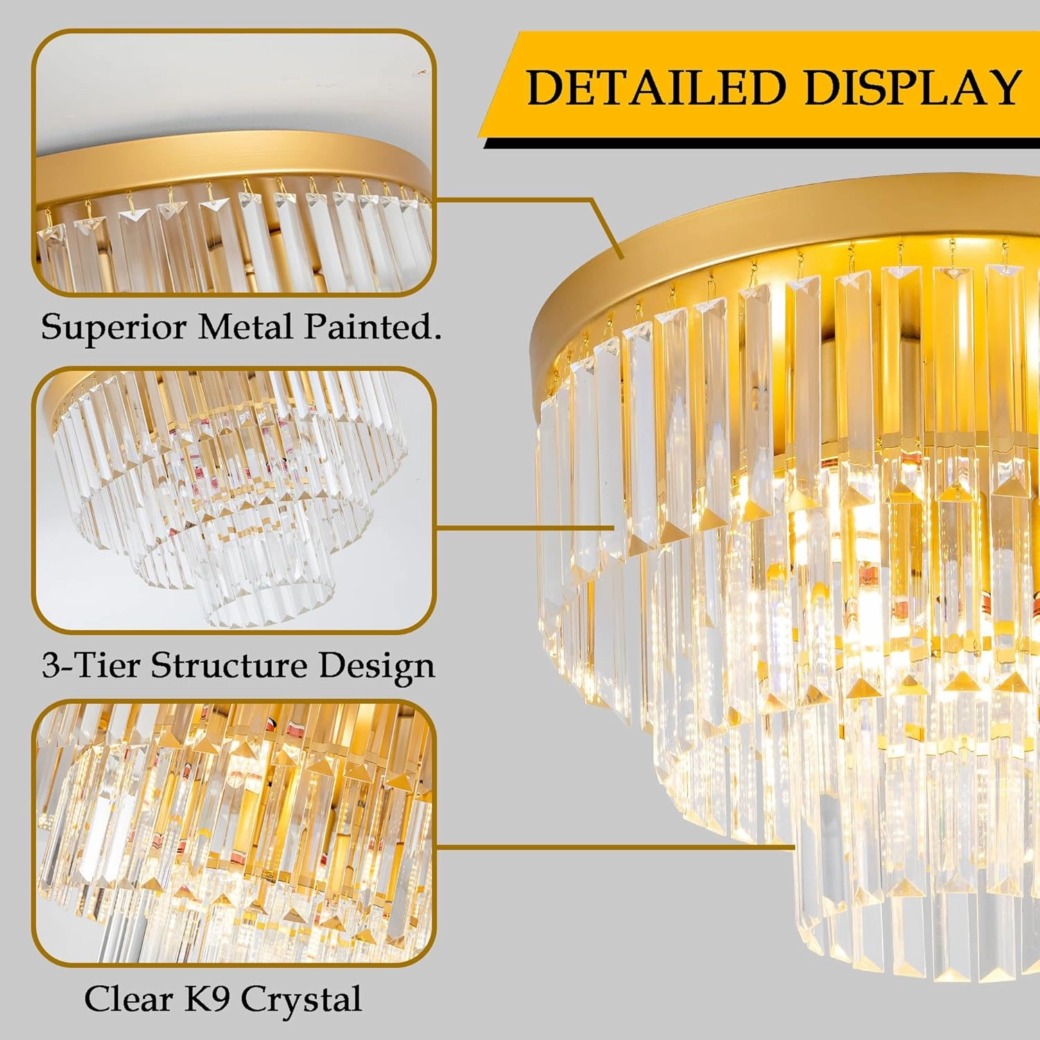 4-Light Gold Crystal Ceiling Light 17" Semi-Flush Modern Luxury Crystal Ceiling Light 3-Tier Flush Mount K9 Light Fixture for Dining Room Living Room Kitchen Entryway Bedroom