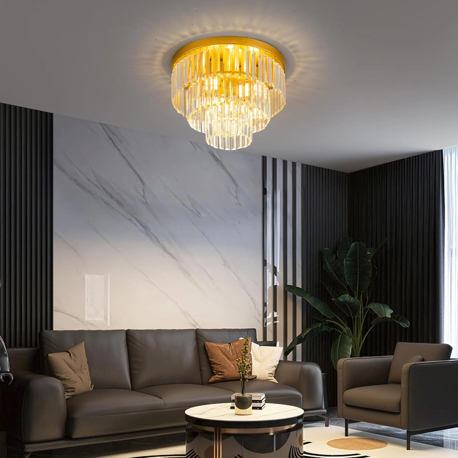 4-Light Gold Crystal Ceiling Light 17" Semi-Flush Modern Luxury Crystal Ceiling Light 3-Tier Flush Mount K9 Light Fixture for Dining Room Living Room Kitchen Entryway Bedroom