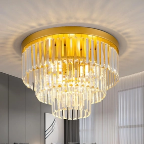 4-Light Gold Crystal Ceiling Light 17" Semi-Flush Modern Luxury Crystal Ceiling Light 3-Tier Flush Mount K9 Light Fixture for Dining Room Living Room Kitchen Entryway Bedroom