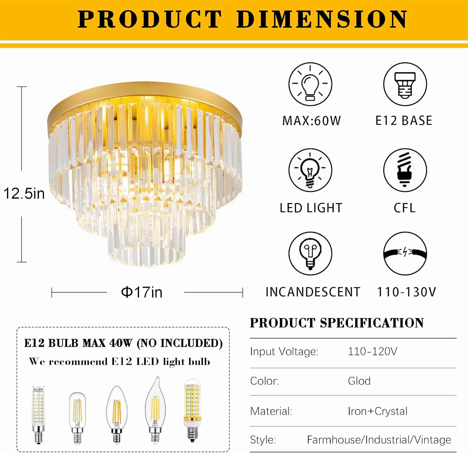 4-Light Gold Crystal Ceiling Light 17" Semi-Flush Modern Luxury Crystal Ceiling Light 3-Tier Flush Mount K9 Light Fixture for Dining Room Living Room Kitchen Entryway Bedroom