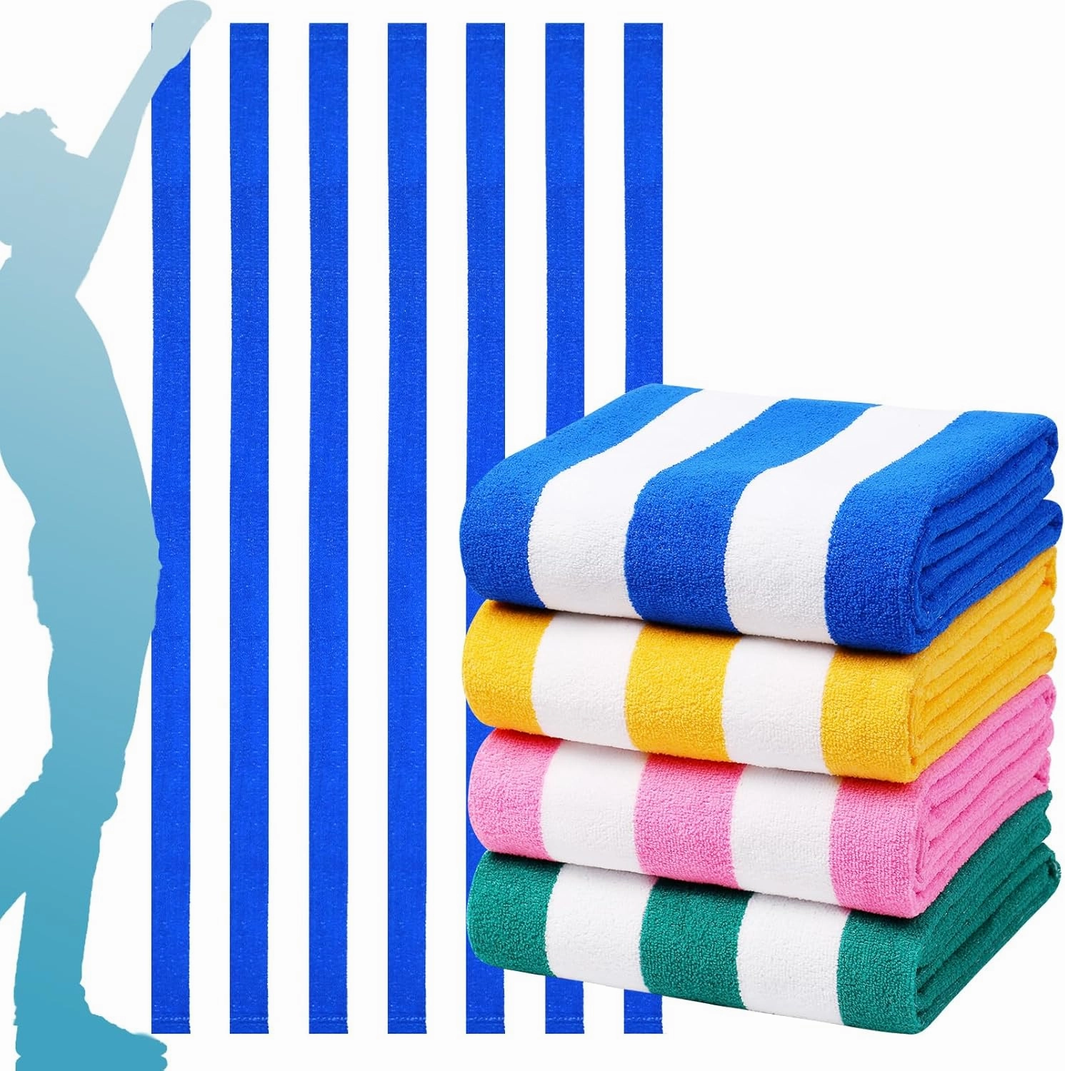 4 Packs Oversized Stripe Beach Towel Thin Terry Set for Women Men 72X40 in Absorbent Big Extra Large XL Clearance Travel FamiliesTowels Accessories Essentials Adults Gift Blue Pink Yellow Green