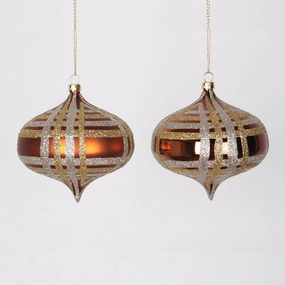 4ct Copper w- Champagne Gold & Silver Glitter Plaid Shatterproof Christmas Onion Ornaments 4" (100mm)
