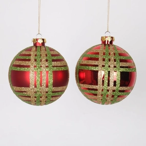 4ct Red w- Lime Green & Champagne Gold Glitter Plaid Shatterproof Christmas Ball Ornaments 4" (100mm)