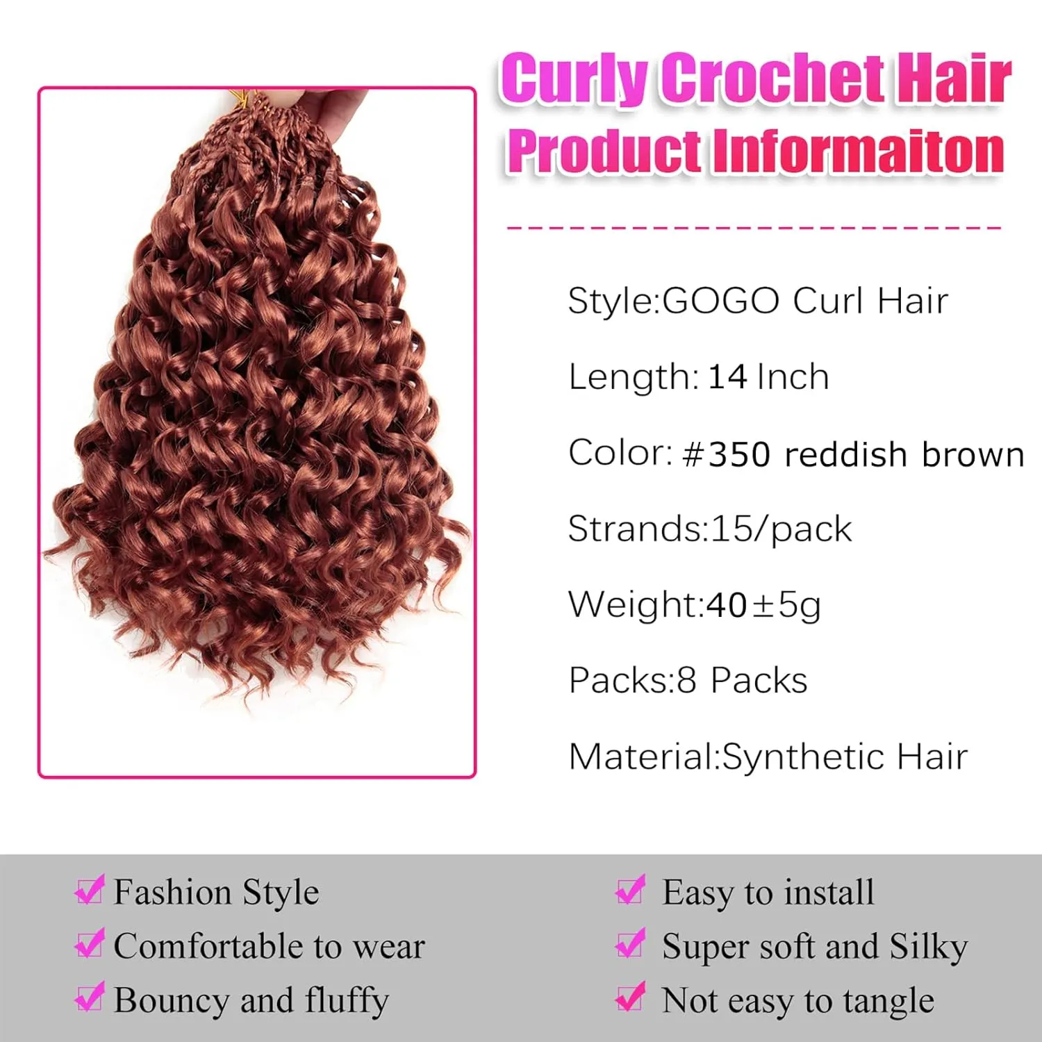 8 Packs GoGo Curl Crochet Hair 14 Inch Curly Crochet Hair for Women Reddish Brown Water Wave Beach Curl Deep Crochet Braids Synthetic Braiding Hair Extensions