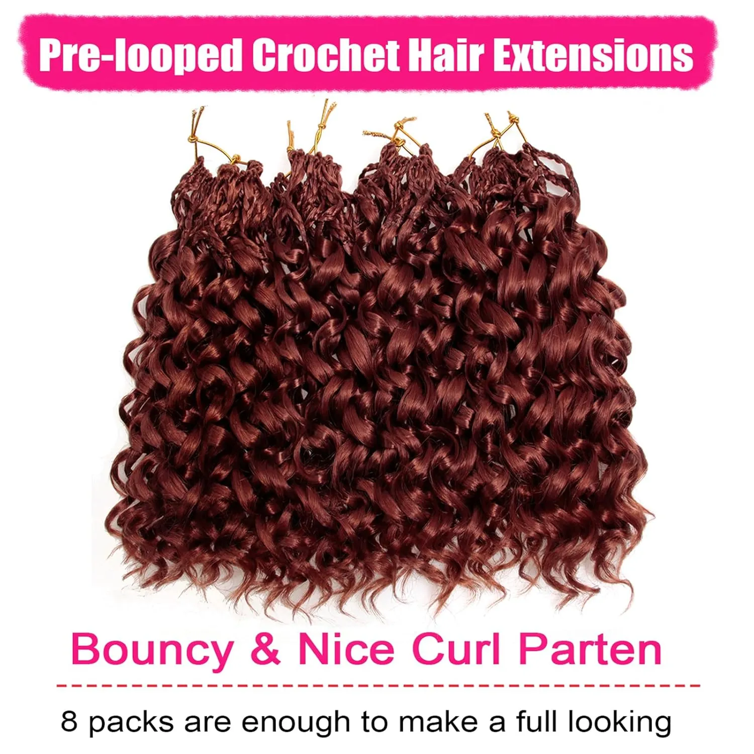 8 Packs GoGo Curl Crochet Hair 14 Inch Curly Crochet Hair for Women Reddish Brown Water Wave Beach Curl Deep Crochet Braids Synthetic Braiding Hair Extensions