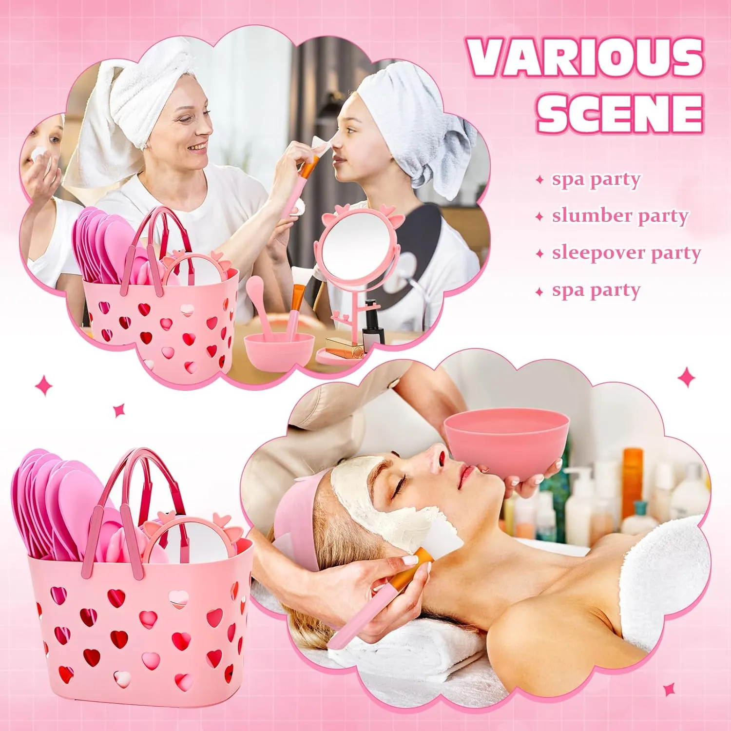 88 Pcs Spa Party Supplies 8 Sets Sleepover Party Favors with Pink Storage Basket Mixing Bowl Set Mirror Headband Scrunchies Hair Brush Loofah Disposable Slipper for Spa Sleepover Birthday (Pink, 8)