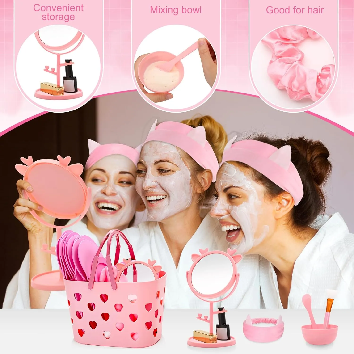 88 Pcs Spa Party Supplies 8 Sets Sleepover Party Favors with Pink Storage Basket Mixing Bowl Set Mirror Headband Scrunchies Hair Brush Loofah Disposable Slipper for Spa Sleepover Birthday (Pink, 8)