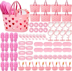 88 Pcs Spa Party Supplies 8 Sets Sleepover Party Favors with Pink Storage Basket Mixing Bowl Set Mirror Headband Scrunchies Hair Brush Loofah Disposable Slipper for Spa Sleepover Birthday (Pink, 8)