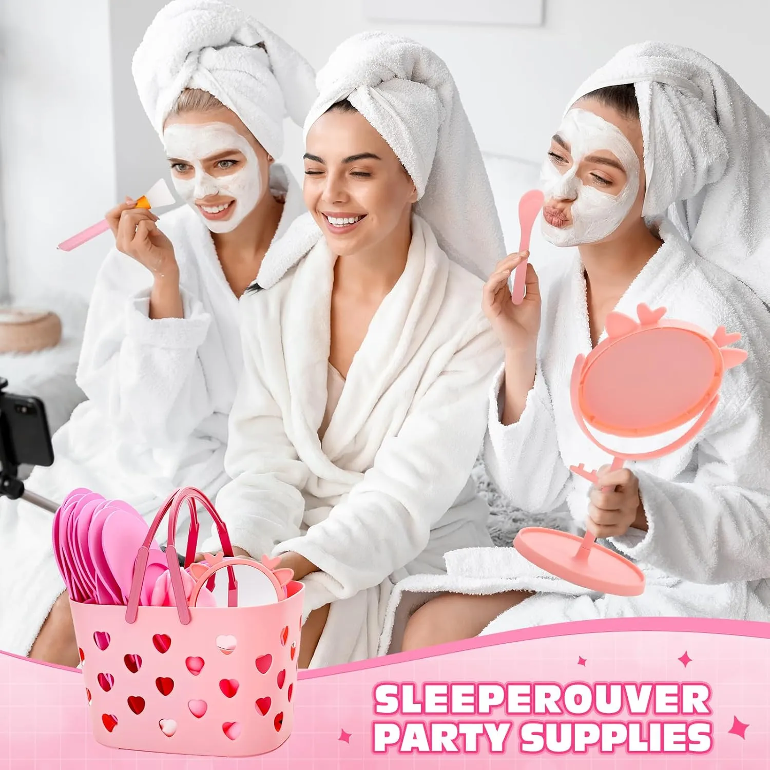 88 Pcs Spa Party Supplies 8 Sets Sleepover Party Favors with Pink Storage Basket Mixing Bowl Set Mirror Headband Scrunchies Hair Brush Loofah Disposable Slipper for Spa Sleepover Birthday (Pink, 8)