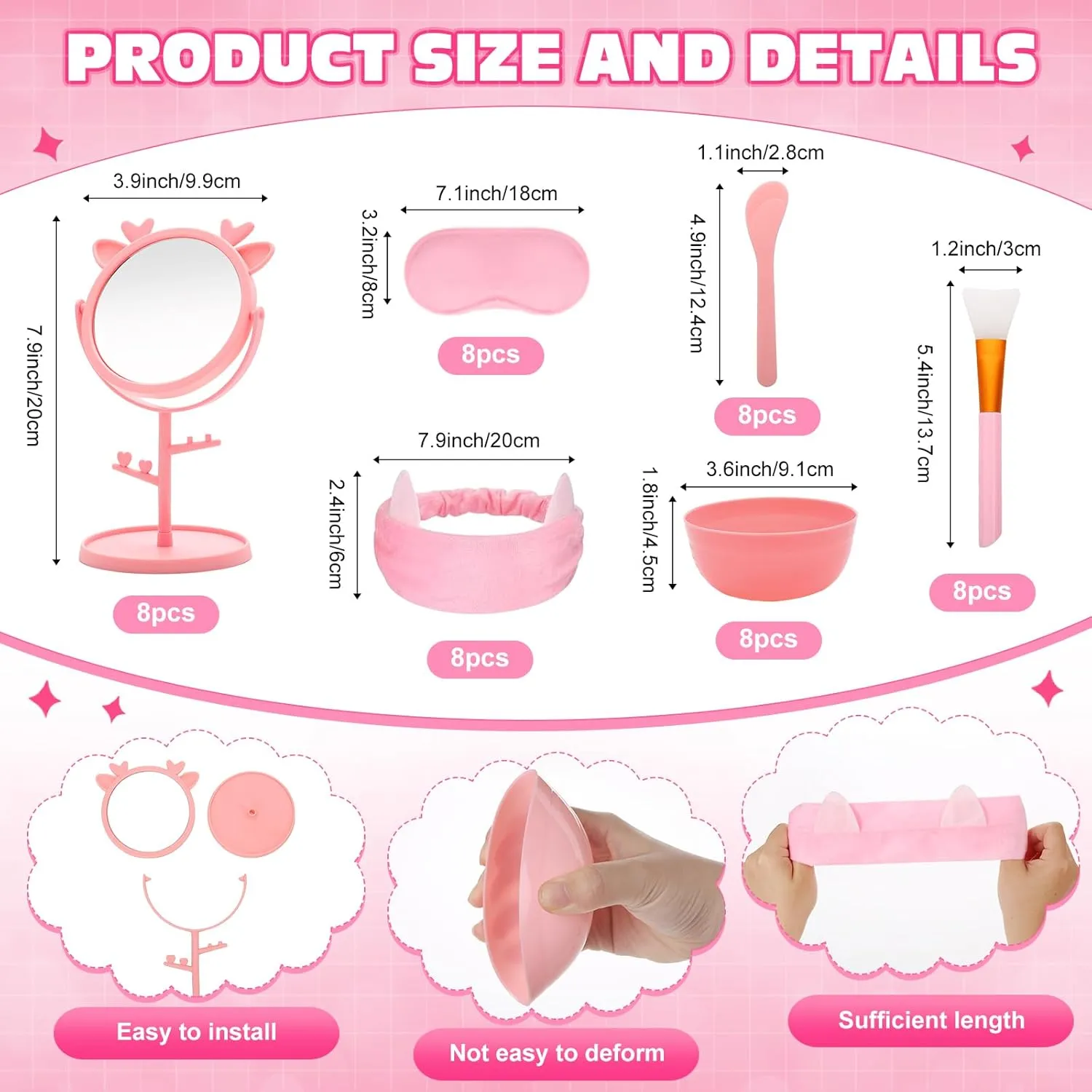 88 Pcs Spa Party Supplies 8 Sets Sleepover Party Favors with Pink Storage Basket Mixing Bowl Set Mirror Headband Scrunchies Hair Brush Loofah Disposable Slipper for Spa Sleepover Birthday (Pink, 8)