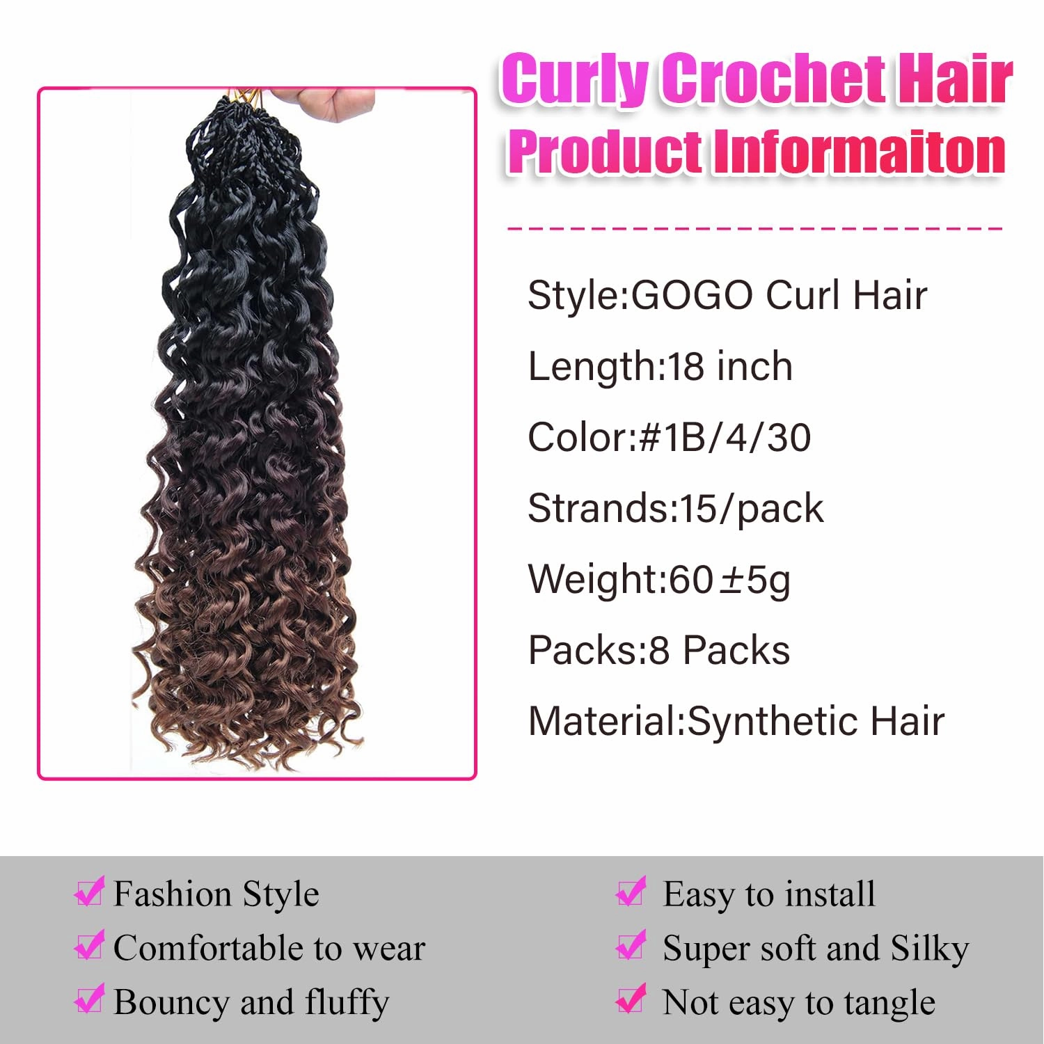 8 Packs GoGo Curl Crochet Hair 18 Inch Curly Crochet Hair for Women Water Wave Beach Curl Deep Crochet Braids Synthetic Braiding Hair Extensions