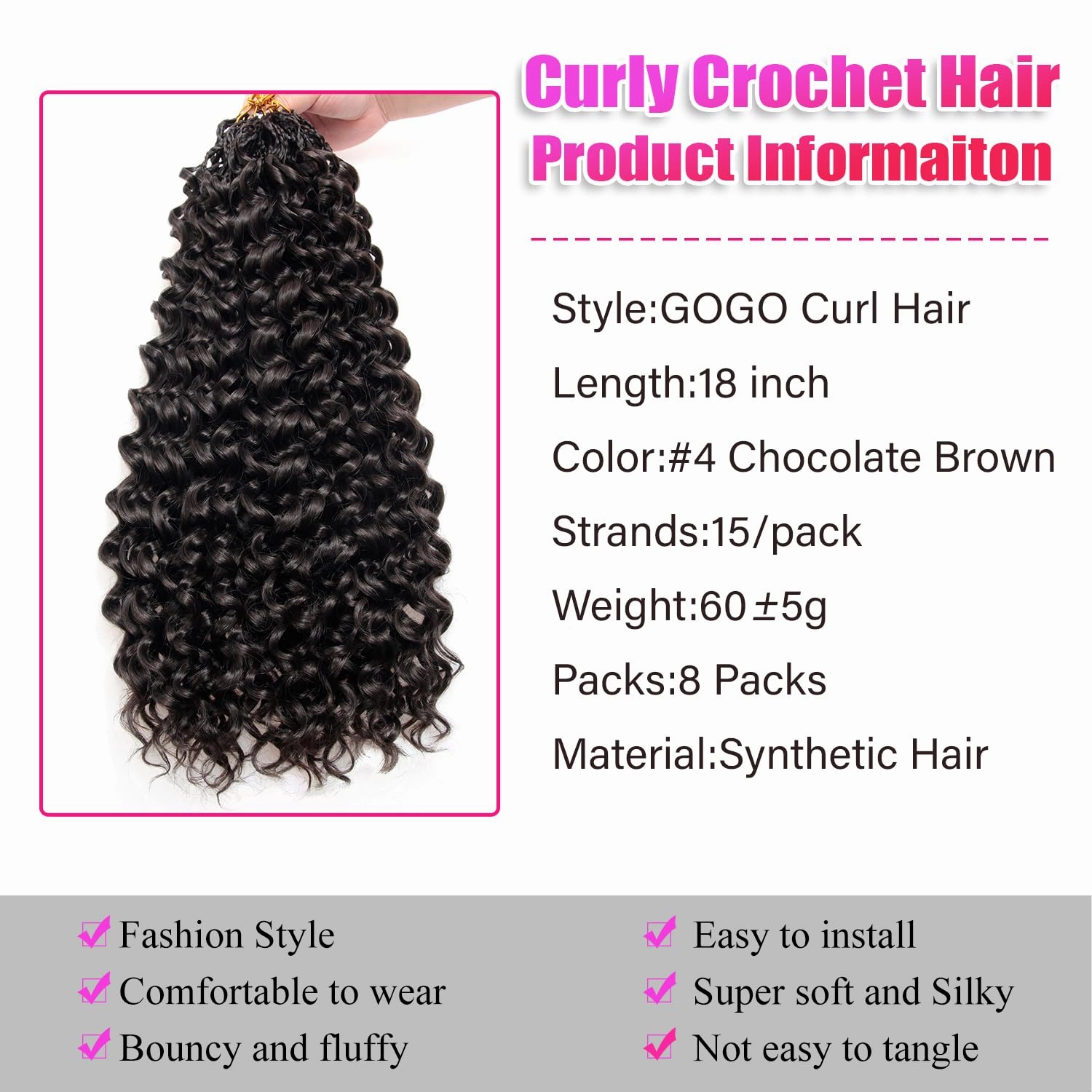 8 Packs GoGo Curl Crochet Hair 18 Inch Curly Crochet Hair for Women Water Wave Beach Curl Deep Crochet Braids Synthetic Braiding Hair Extensions