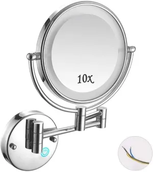 8" LED Wall Mounted Makeup Mirror, 1X & 10X Magnification, 360° Rotation, Matte Black/Zirconium Gold