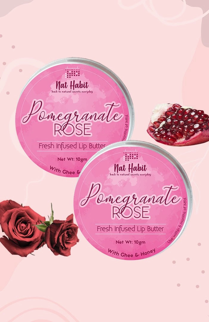 <strong>Pomegranate Rose Lip Butter 10g</strong> <br><i>with Fresh Rose, Pomegranate,<br>Desi Ghee & Raw Honey</i>