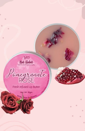 <strong>Pomegranate Rose Lip Butter 10g</strong> <br><i>with Fresh Rose, Pomegranate,<br>Desi Ghee & Raw Honey</i>