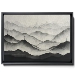 A Black And White Of Mountains, Windmills And Trees, In A Dark Beige And Dark Amber Style, Atmospheric Watercolor, Magenta Land, Panorama, Canvas Prints