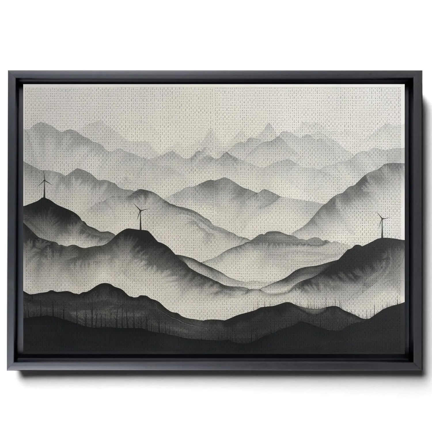 A Black And White Of Mountains, Windmills And Trees, In A Dark Beige And Dark Amber Style, Atmospheric Watercolor, Magenta Land, Panorama, Canvas Prints