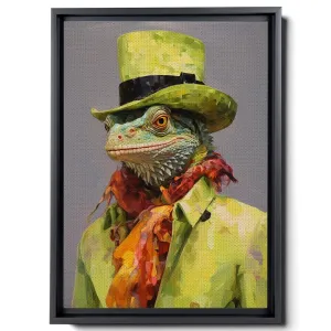 A Of An Iguana Dressed In Colourful And A Hat,Junya Watanabe, Street Style Realism, Western-Style Portraits, Green Academia, Wall Art
