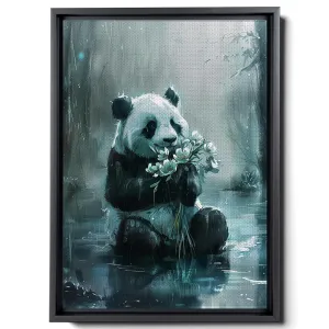 A Panda Holding Flowers And Sitting On A Puddle, In Soft Watercolor Style, Light Gray And Light Emerald, Forest Core, Animal Depiction, Canvas Prints
